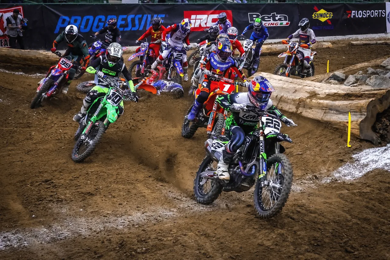 Pack start under the lights at an EnduroCross arena round