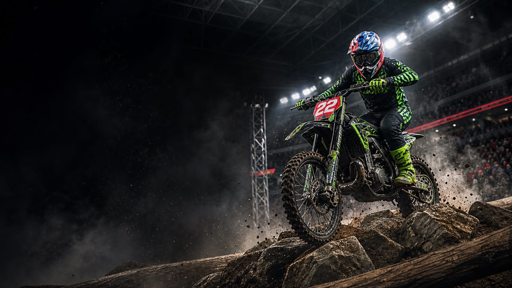 EnduroCross rider number 22 navigating arena obstacles
